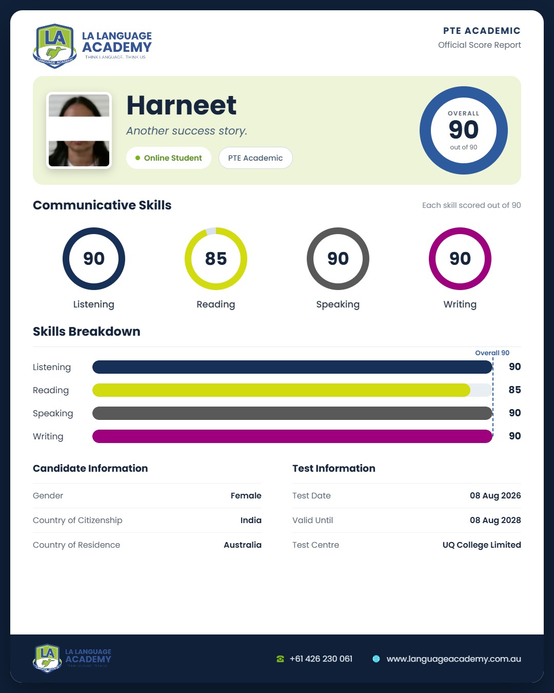 PTE Academic Score Report