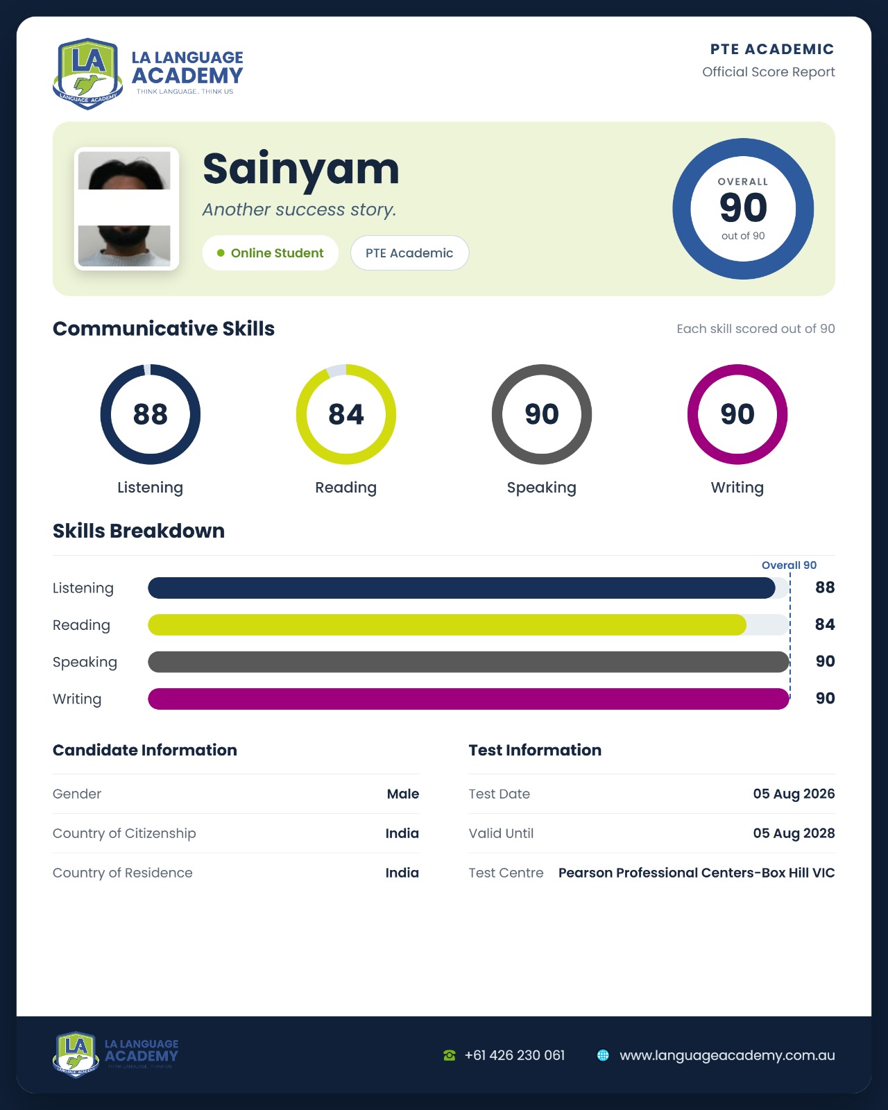 PTE Academic Score Report